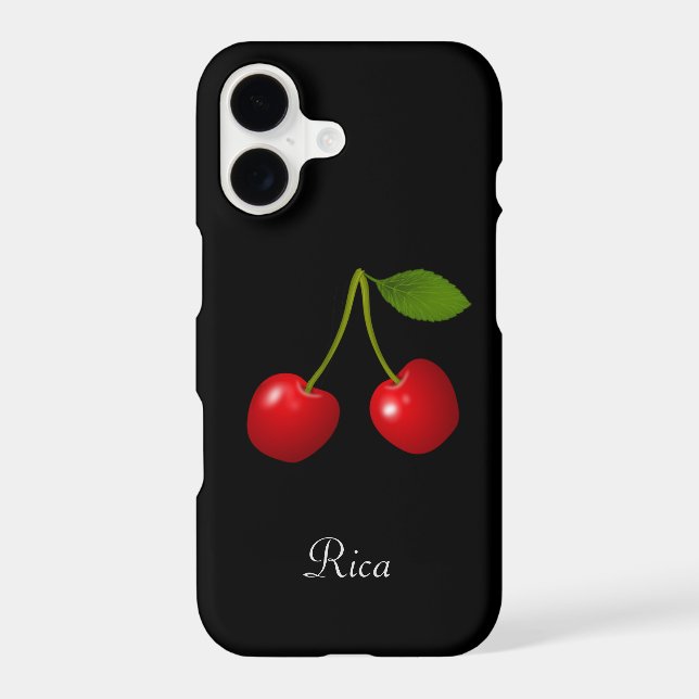 Elegant Cherry Fruits & Name on Black iPhone Case (Back)