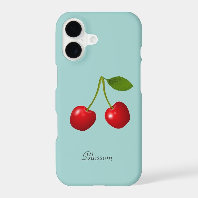 Elegant Cherry Fruits & Name on Light Blue iPhone Case (Back)