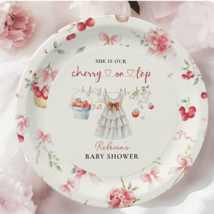 Elegant Cherry on Top Pink Bow Baby Shower Paper Plate