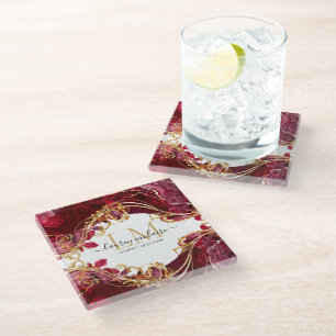 Elegant Cherry Red & Gold Monogram Script Glass Coaster