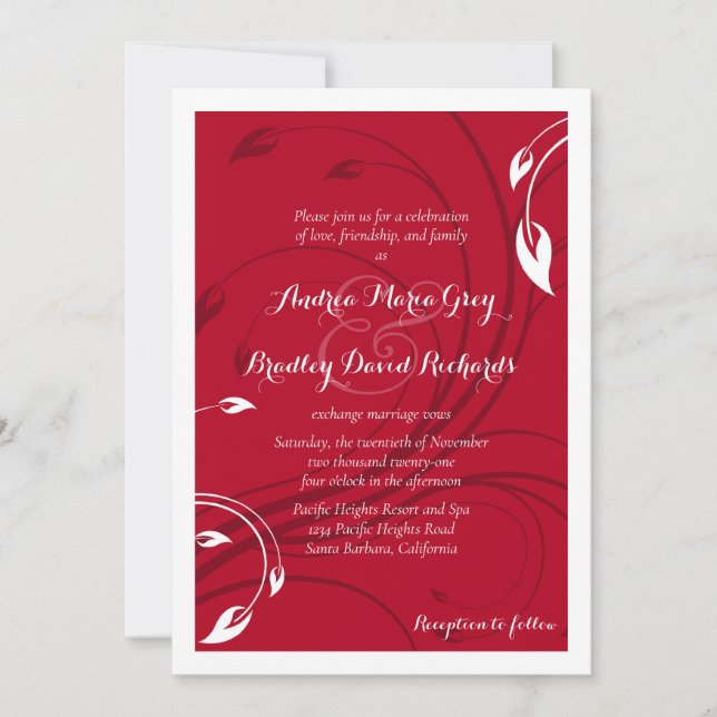 Elegant Cherry Red White Abstract Floral Wedding Invitation (Front)
