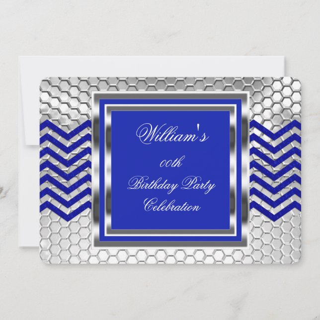 Elegant Chevron Blue Silver Birthday Party Mens Invitation (Front)