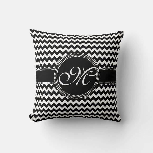 Elegant Chevron Chic Black and White Monogram Cushion (Front)
