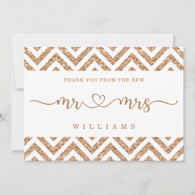 Elegant Chevron Gold Glitter Wedding Thank You  Holiday Card (Front)