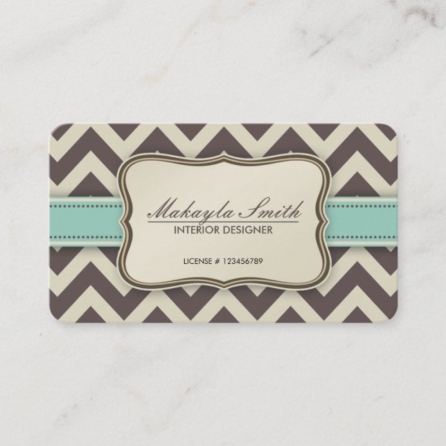 Elegant Chevron Modern Brown, Green and Beige Business Card (Front)