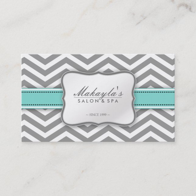 Elegant Chevron Modern Grey, white and Blue Business Card (Front)