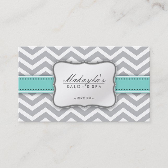 Elegant Chevron Modern Grey, white and Blue Business Card (Front)