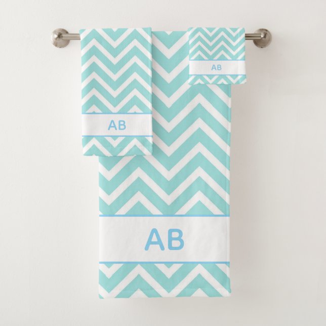 Elegant Chevron Pattern & Monogram on Turquoise Bath Towel Set (Insitu)