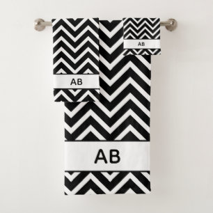 Elegant Chevron Pattern on Black White Monogrammed Bath Towel Set