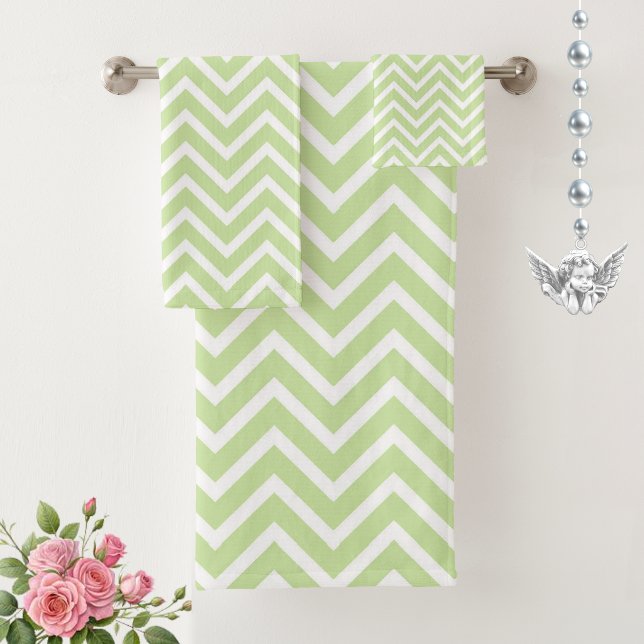 Elegant Chevron Pattern on Sage Green and White Bath Towel Set (Creator Uploaded)