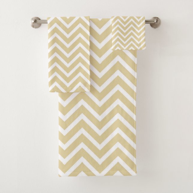 Elegant Chevron Pattern on Sand Beige and White Bath Towel Set (Insitu)