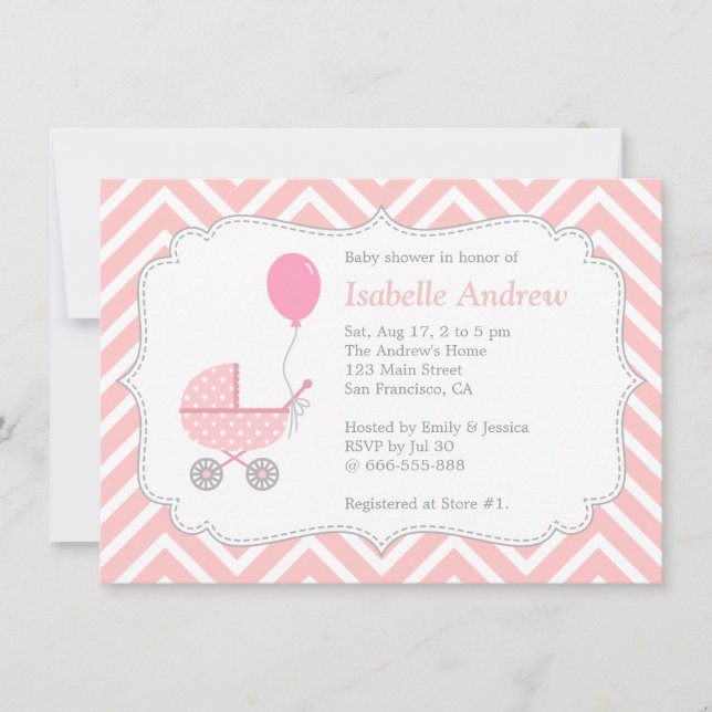 Elegant, Chevron, Pink Pram, Girl Baby Shower Invitation (Front)
