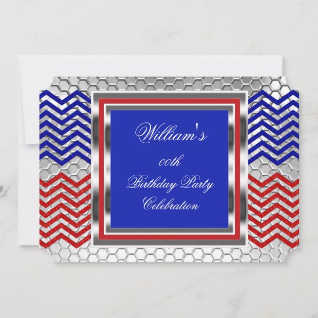 Elegant Chevron Red Blue Silver Birthday Party Invitation (Front)