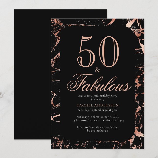 Elegant Chic 50th Birthday Rose Gold Black Party Invitation (Front/Back)