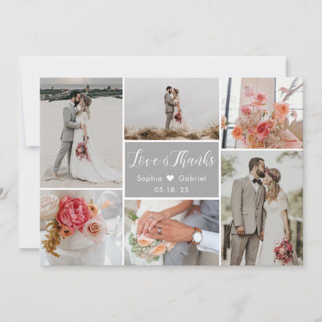 Elegant Chic 6 Photo Collage Grey Wedding Thank You Card (Front)