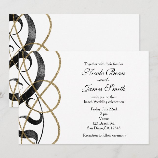 Elegant Chic Art Black & Gold Wedding Invitations (Front/Back)