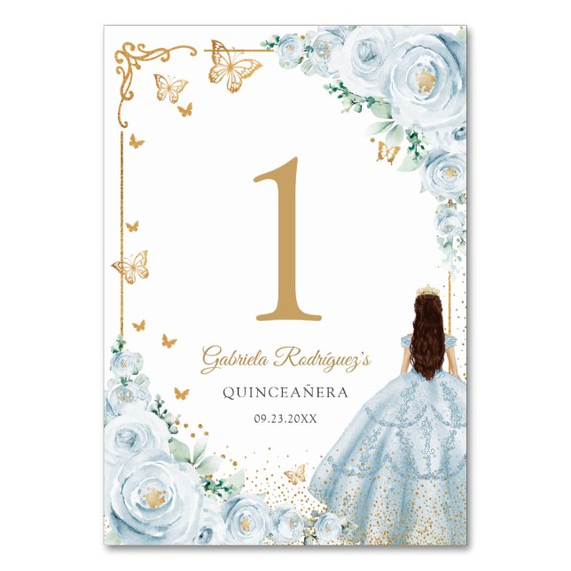 Elegant Chic Baby Blue Gold Quinceanera Table Number (Front)