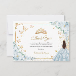 Elegant Chic Baby Blue Roses Gold Quinceanera Thank You Card