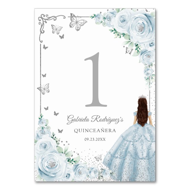 Elegant Chic Baby Blue Roses Silver Quinceanera Table Number (Front)