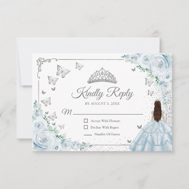 Elegant Chic Baby Blue Silver Quinceanera Reply RSVP Card (Front)