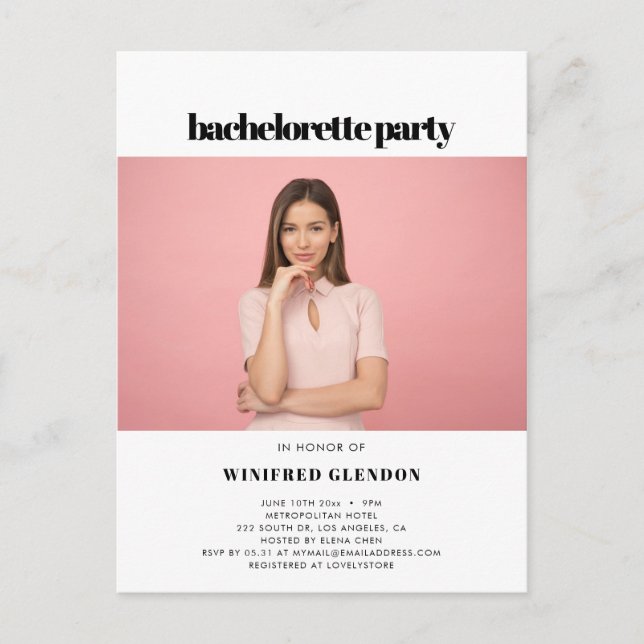 Elegant & chic bachelorette party photo invitation postcard (Front)