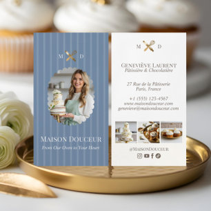 Elegant Chic Bakery Stripes & Gold Whisk Photo  Business Card