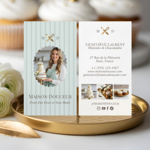 Elegant Chic Bakery Stripes & Gold Whisk Photo  Business Card
