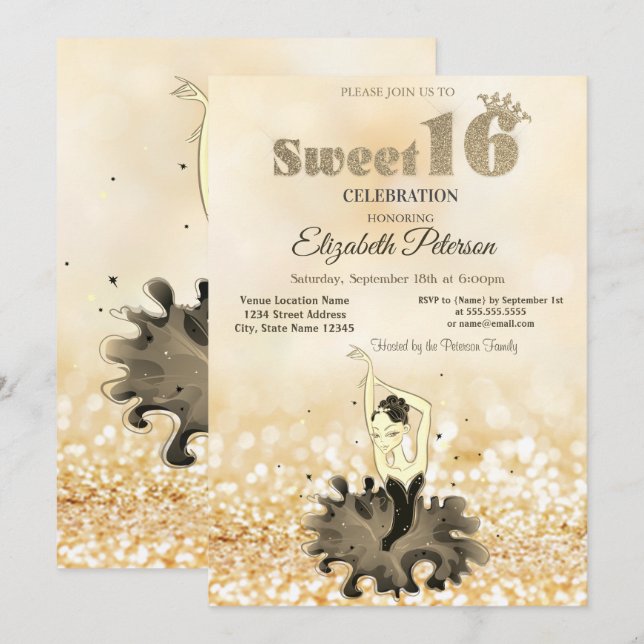 Elegant Chic Ballerina Gold Bokeh Sweet 16 Invitation (Front/Back)