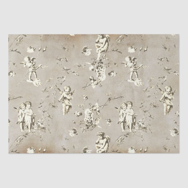 Elegant Chic Beige Cupid Angels Floral Toile Kraft Tissue Paper (Front)