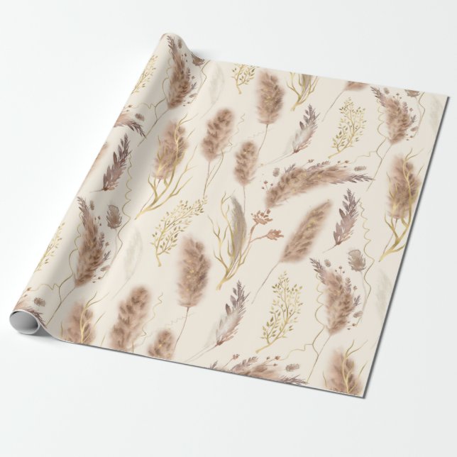 Elegant Chic Beige Golden Pampas Grass Pattern Wrapping Paper (Unrolled)