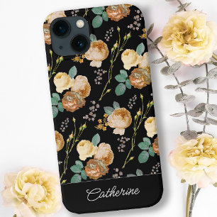 Elegant Chic Beige Roses Floral on Black iPhone 13 Case