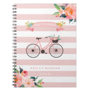 Elegant Chic Bicycle Floral Girly Pink Stripes Notebook