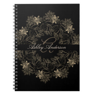 Elegant Chic Black and Gold Floral Script Monogram Notebook
