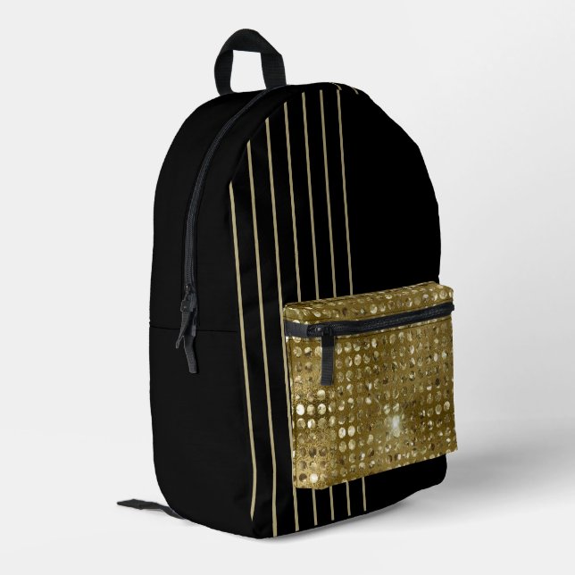 Elegant & Chic Black and Gold Glitter Striped  Printed Backpack (Back Corner Left)