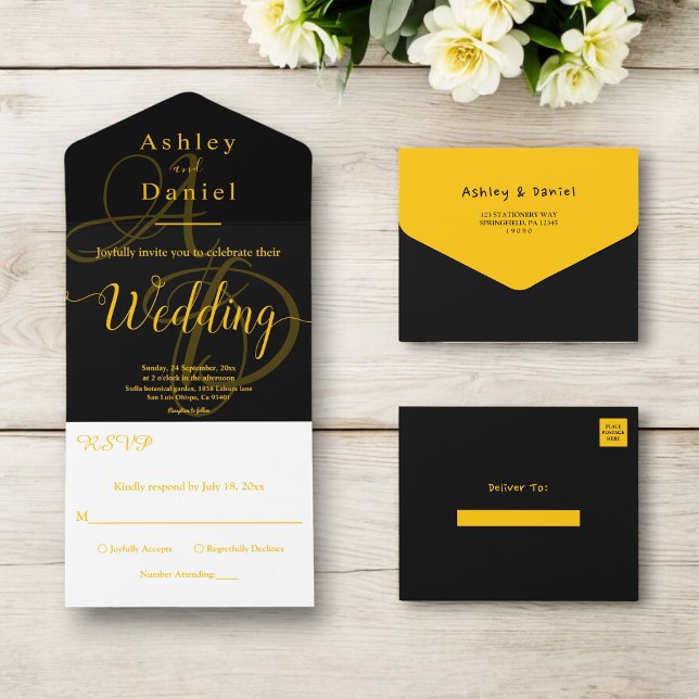 Elegant Chic Black And Gold Monogram Wedding All In One Invitation (Creator Uploaded)