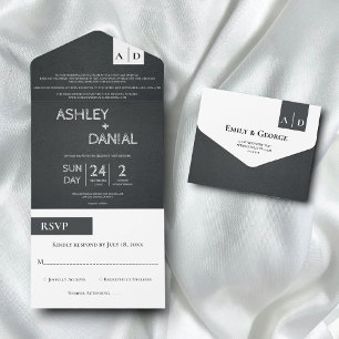 Elegant Chic Black And White Script Modern Wedding All In One Invitation