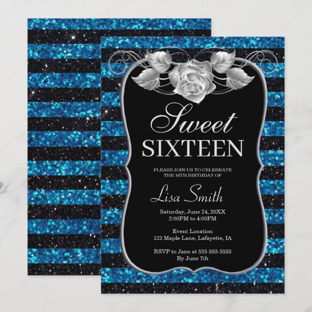 Elegant Chic Black Blue Glitter Rose Sweet 16 Invitation (Front/Back)
