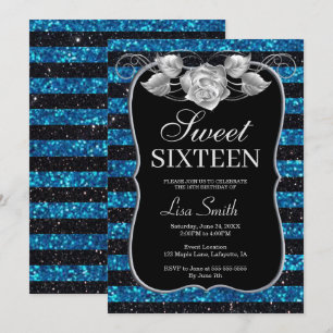 Elegant Chic Black Blue Glitter Rose Sweet 16 Invitation