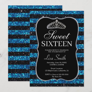 Elegant Chic Black Blue Glitter Tiara Sweet 16 Invitation