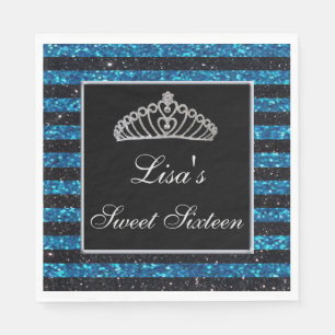 Elegant Chic Black Blue Glitter Tiara Sweet 16 Napkin