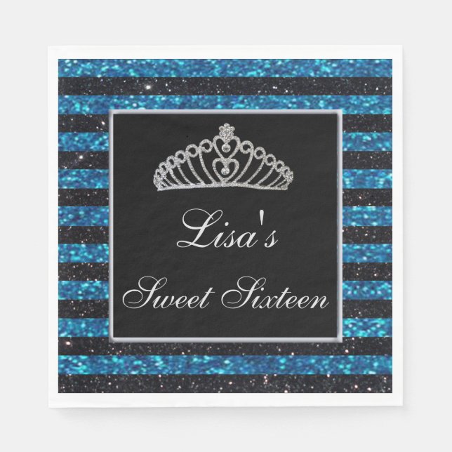 Elegant Chic Black Blue Glitter Tiara Sweet 16 Napkin (Front)