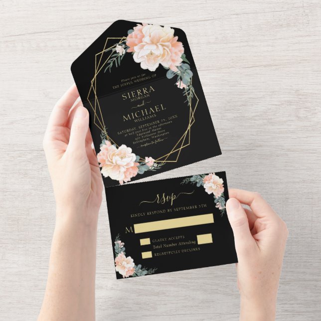 Elegant Chic Black Blush Gold Peach Floral Wedding All In One Invitation (Tearaway)