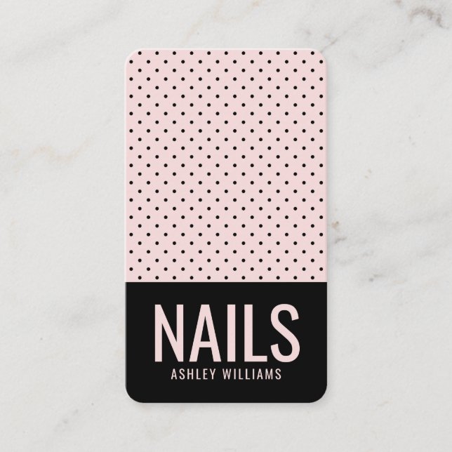 Elegant chic black blush pink polka dot nails business card (Front)