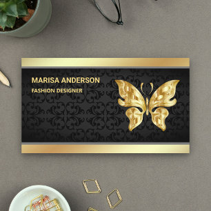 Elegant Chic Black Damask Faux Gold Foil Butterfly Business Card