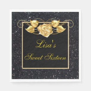 Elegant Chic Black Glitter Gold Rose Sweet 16 Napkin