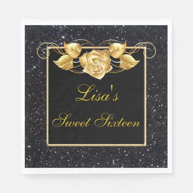 Elegant Chic Black Glitter Gold Rose Sweet 16 Napkin (Front)