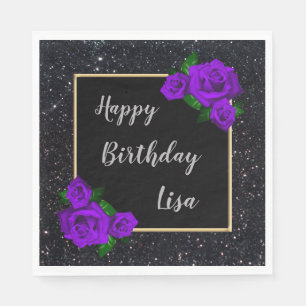 Elegant Chic Black Glitter Purple Roses Birthday Napkin