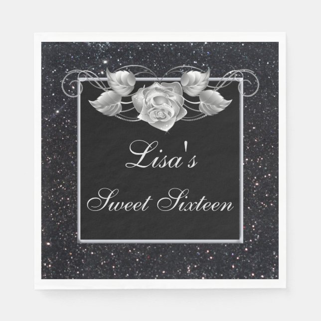 Elegant Chic Black Glitter Silver Rose Sweet 16 Napkin (Front)
