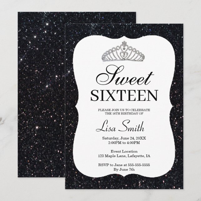 Elegant Chic Black Glitter Tiara Sweet 16 Invitation (Front/Back)