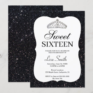 Elegant Chic Black Glitter Tiara Sweet 16 Invitation
